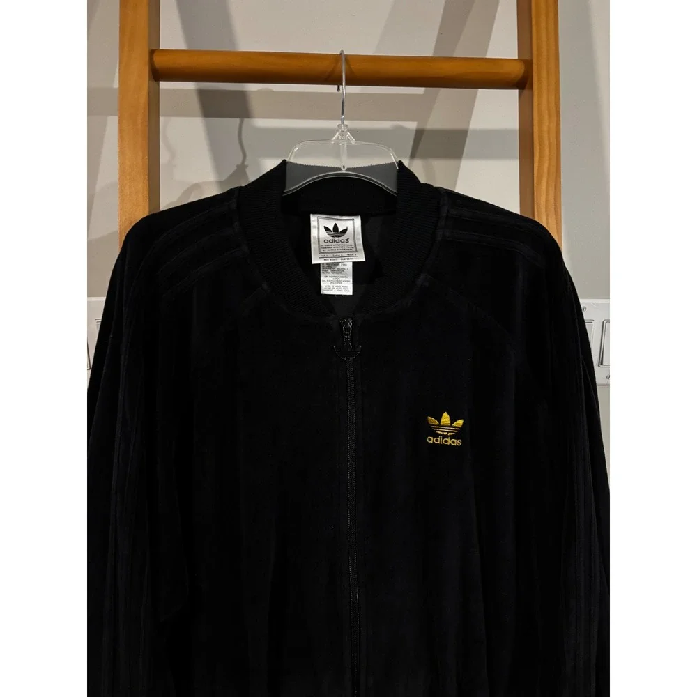 Adidas Originals Mens Black Velour Track Jacket Gold Trefoil Logo XL Full Zip